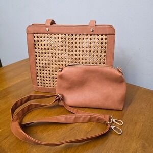 ANTIK KRAFT Tan Ratten Woven Tote Purse‎ Bag Matching removable Clutch and Strap